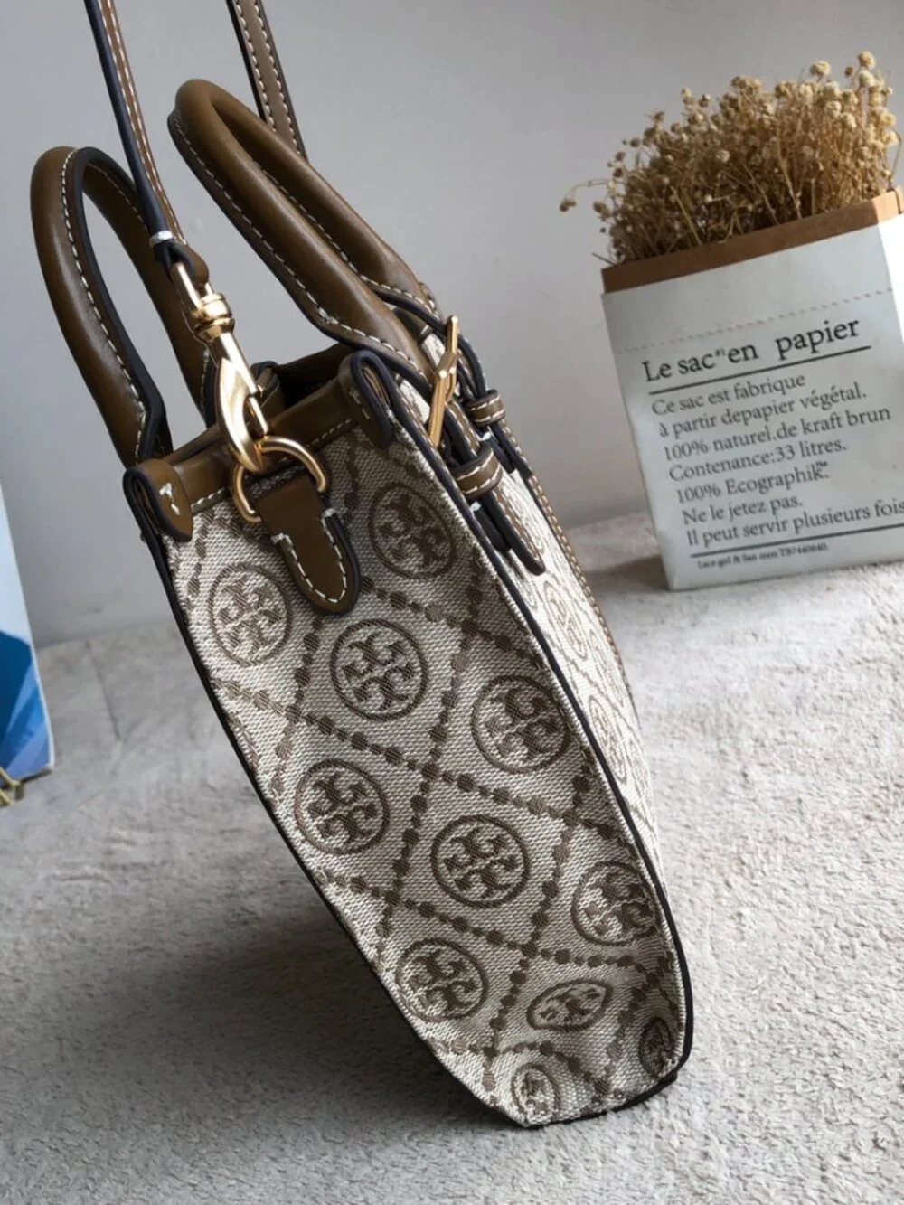 Vintage Monogram Canvas Mini Tote Crossbody Bag Brown Leather Trim Top Handles